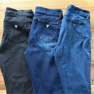 Trio of Guess Women's Skinny Jeans - Black, Dark Blue, and Blue size 31